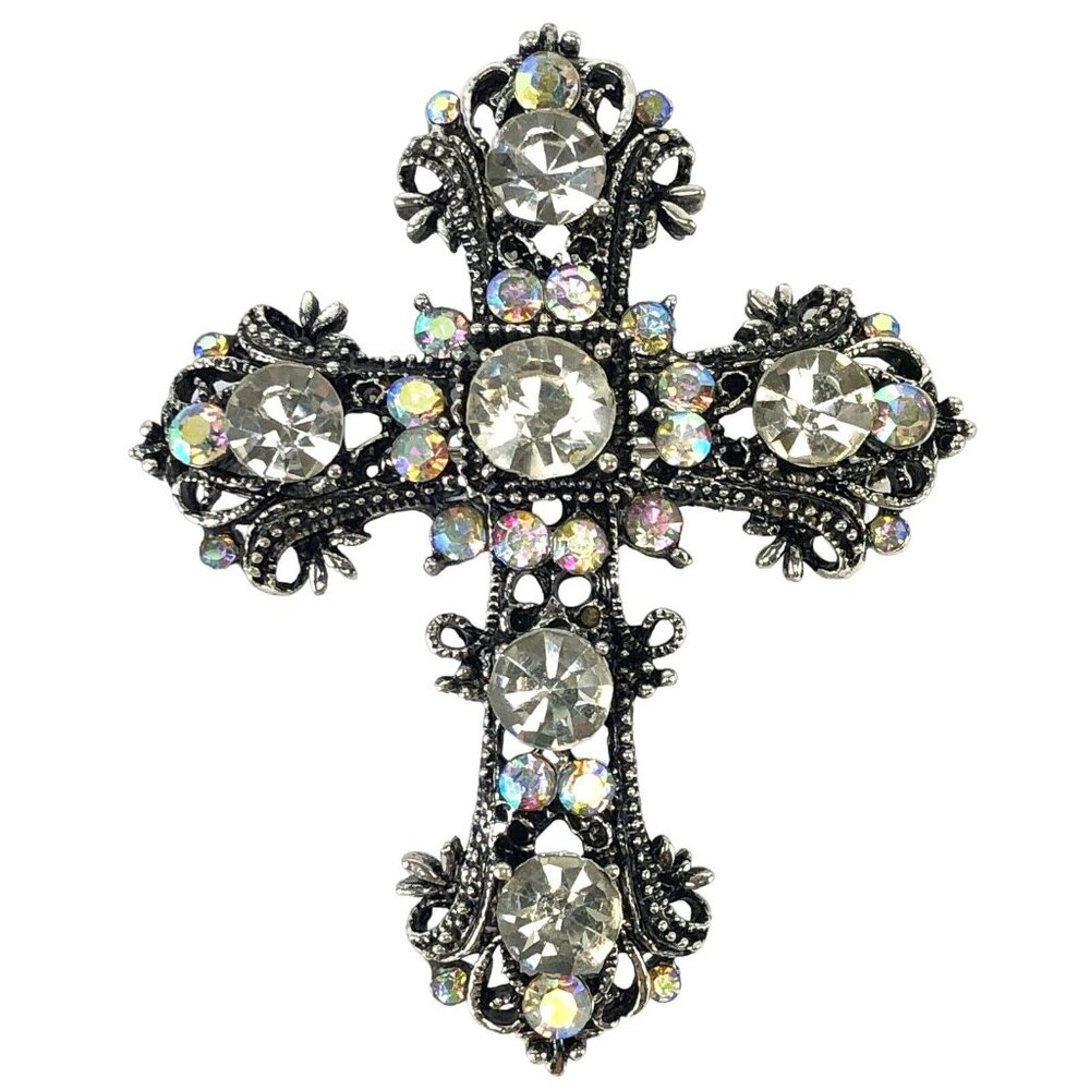 Rhinestone Cross Silver-tone Brooch Pendant Pin